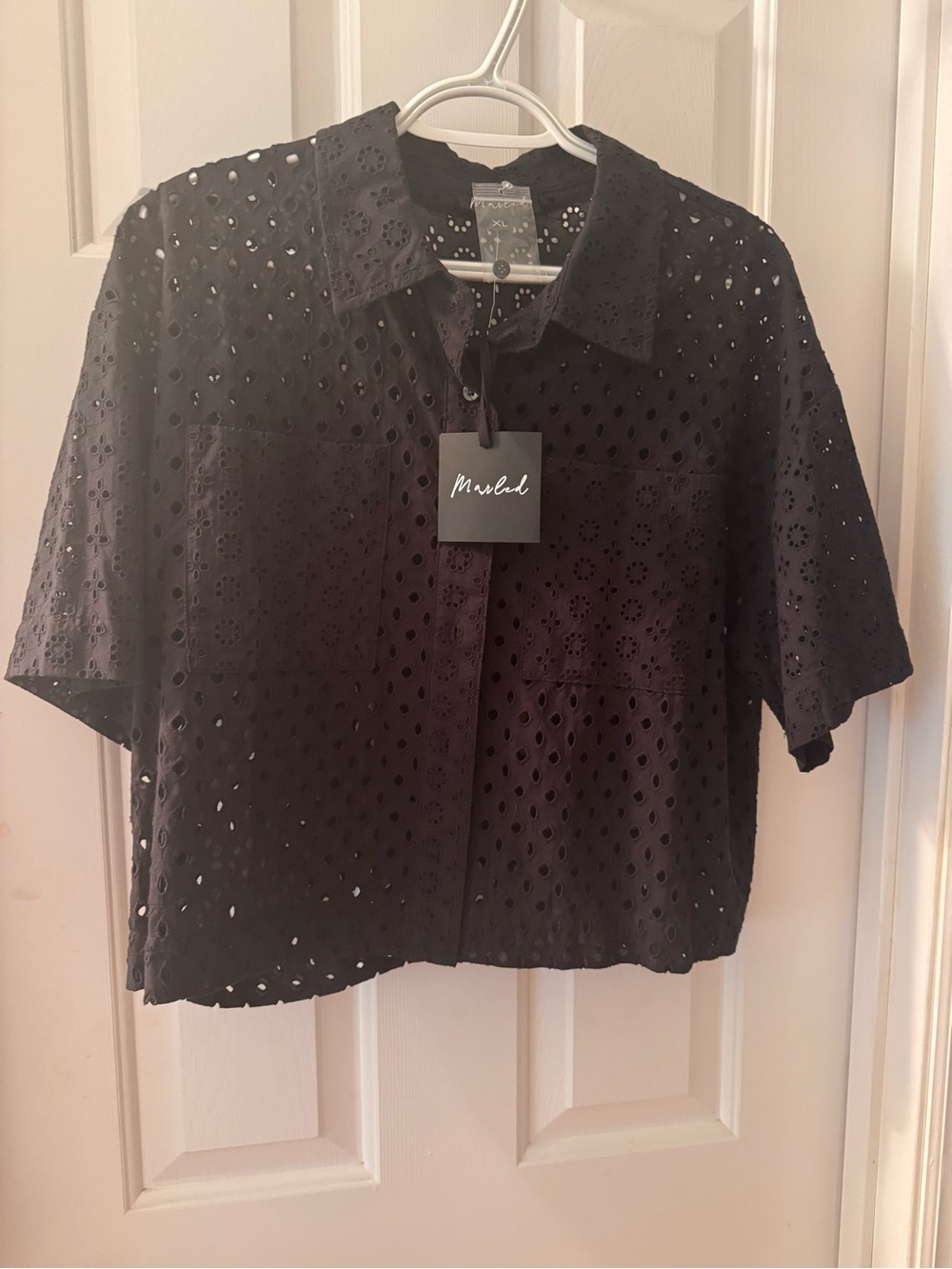 Marled Black Eyelet Short-Sleeve Button-Down Top